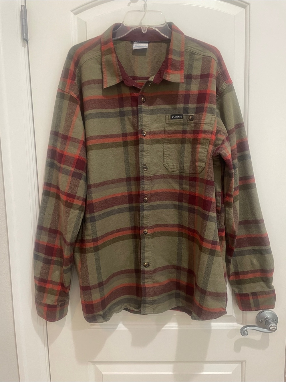 Columbia Olive Green & Red Plaid Button-Up Shirt Jacket